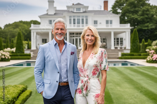 A wealthy, elegantly dressed, middle-age married couple out on the lawn posing in front of their luxury mansion. Successful husband and wife, socialites, living a dream life. Lifestyle of the rich.