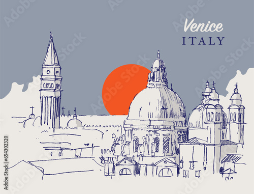 Drawing sketch illustration of St. Mark and Santa Maria della Salute basilica in Venice, Italy.