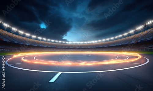 Circular asphalt racing track with cheering fans and illuminated floodlights. Professional digital 3d illustration of racing sports, Generative AI photo