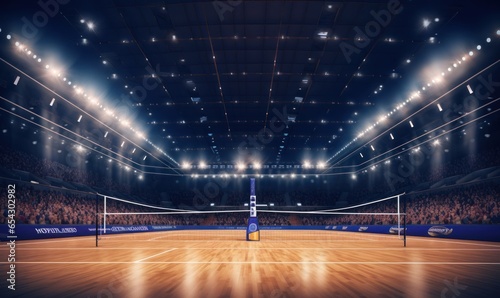 Sport arena interior and professional volleyball court and crowd of fans around. The player's view when serving. Digital 3D illustration, Generative AI