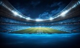 Sport stadium with grandstands full of fans, shining night lights and blue artificial surface. Digital 3D illustration of sport stadium for background, Generative AI