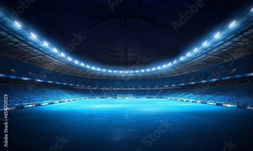 Sport stadium with grandstands full of fans  shining night lights and blue artificial surface. Digital 3D illustration of sport stadium for background  Generative AI