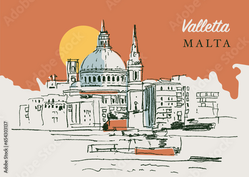 Drawing sketch illustration of the dome of St. Paul's cathedral in Valletta, Malta