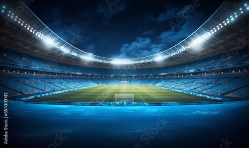 Sport stadium with grandstands full of fans, shining night lights and blue artificial surface. Digital 3D illustration of sport stadium for background, Generative AI photo