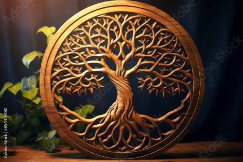 Sacred tree of life symbol as decoration crafted from wood. Generative AI