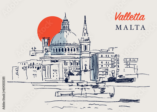 Drawing sketch illustration of the dome of St. Paul's cathedral in Valletta, Malta