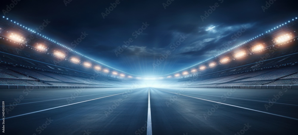 Empty racing track and floodlights illuminated sport stadium at night. Professional digital 3d illustration of racing sports, Generative AI - obrazy, fototapety, plakaty 