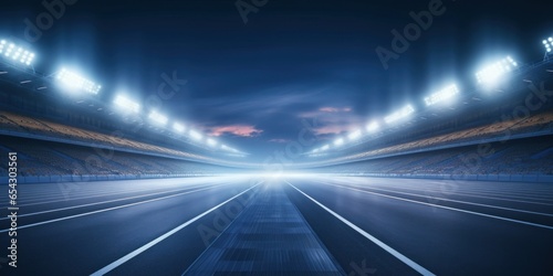 Empty racing track and floodlights illuminated sport stadium at night. Professional digital 3d illustration of racing sports, Generative AI photo