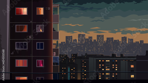 Urban landscape. Residential areas in a large metropolis. Dark houses and evening lights. Light in the windows. Heavy sky hangs over the city. Vector illustration