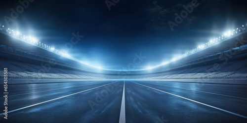 Empty racing track and floodlights illuminated sport stadium at night. Professional digital 3d illustration of racing sports, Generative AI