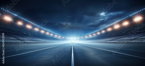 Empty racing track and floodlights illuminated sport stadium at night. Professional digital 3d illustration of racing sports, Generative AI