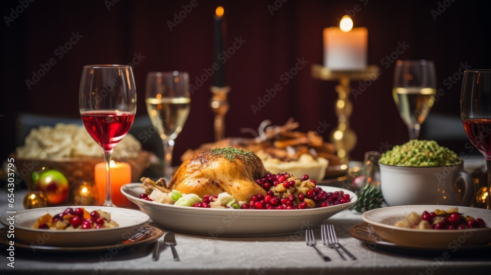 Thanksgiving Dinner Full Spread on Table in Southern Fall Home