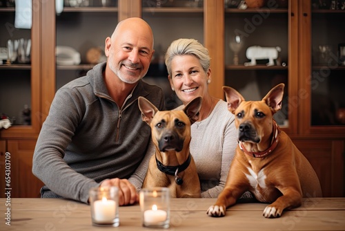 Happy senior couple in casual clothing smiling and taking care of the dogs at home background. Bonding togetherness in the residence or house concept.