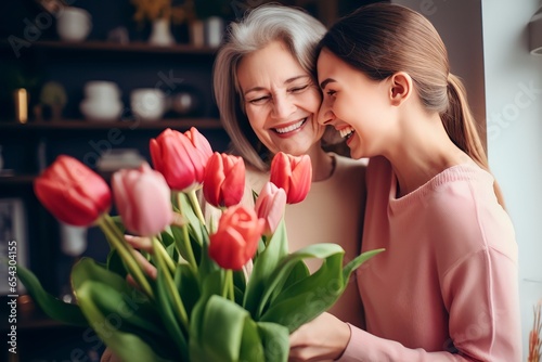 delighted young woman congratulating her mother with bouquet of fresh tulips photo