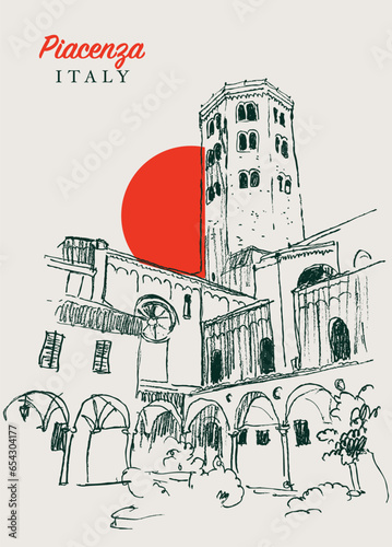 Drawing sketch illustration of Sant'Antonio church in Piacenza, Italy