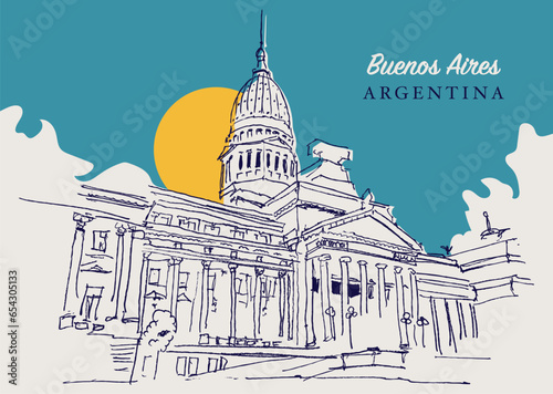 Drawing sketch illustration of the House of Representatives of Argentina in Buenos Aires