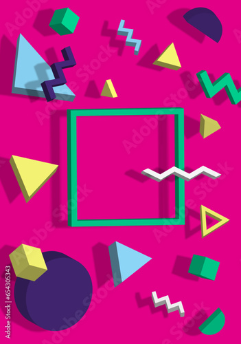 Multicolored 3D shapes vector composition on pink background for creating pattern in Memphis style of 90's. Cubes, triangles and curved lines scattered in a chaotic manner.