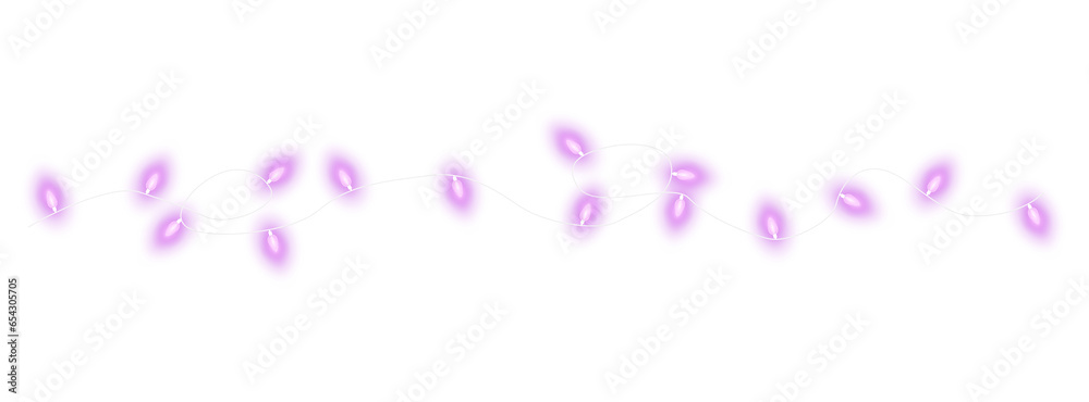 Purple christmas glowing garland. Christmas lights. Colorful Christmas garland. The light bulbs on the wires are insulated. PNG.