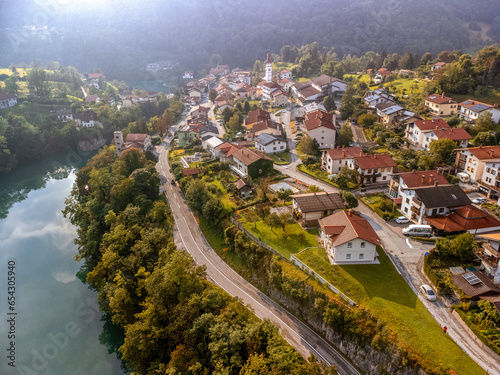 Aerial view of Most na Soci with Soca river in Slovenia at sunset photo