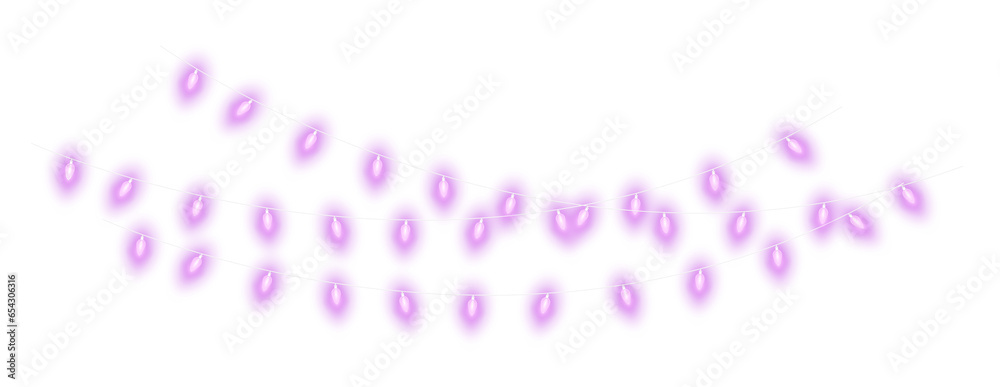 Purple christmas glowing garland. Christmas lights. Colorful Christmas garland. The light bulbs on the wires are insulated. PNG.