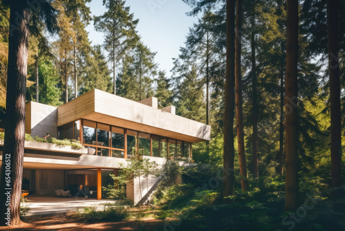 Beautiful large modern flat concrete house in the middle of nature, with large trees, on a brightful day, gorgeous landscape