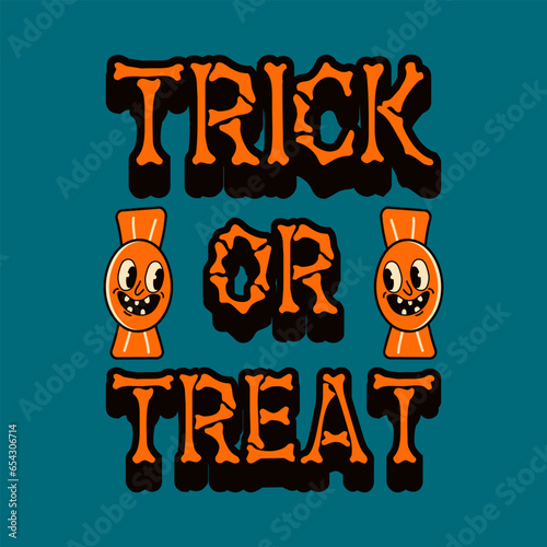 Halloween poster. Trendy retro groovy style and funky candy character. 70s-80s. Trick or treat. Funny vector flyer, cards. Vintage