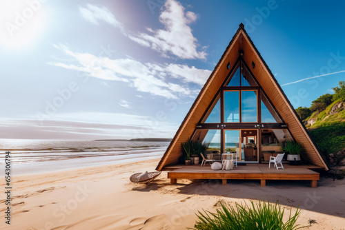 Beautiful A-frame wooden house at the beach, on a brightful day, with epic landscape photo