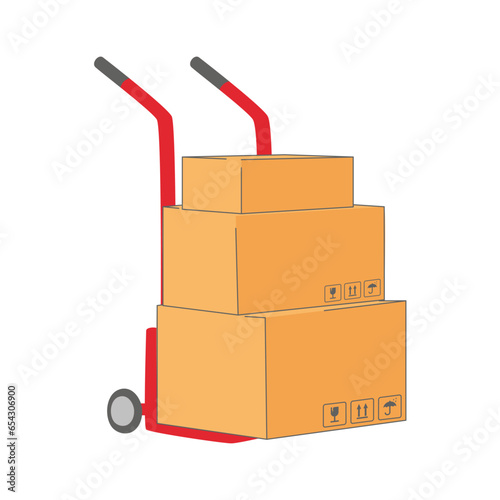Three parcel boxes or cardboard boxes are stacked on top of each other and all are placed on trolley.