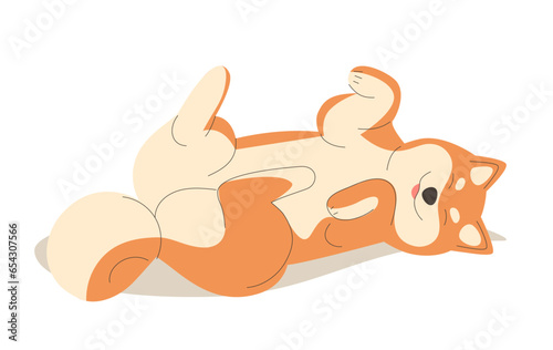 Dog lying, relaxing on rug. Tired canine animal of resting, sleeping on mat. Passive sluggish doggy on floor.