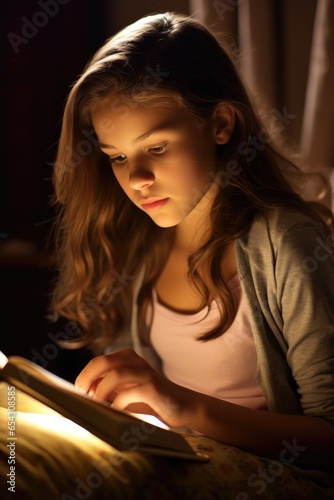 Adolescent girl reading a book. Generative AI
