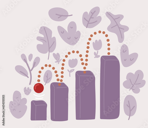 Vector illustration of Chart bar with falling arrow. Recession of the economy, step down, Falling bar, bankruptcy, budget recession, Trade arrow. Fall and changes in value