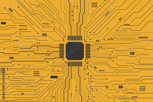 Black circuit diagram on yellow background. High-tech circuit board connection system.Central Computer Processors CPU concept. technology on white background.