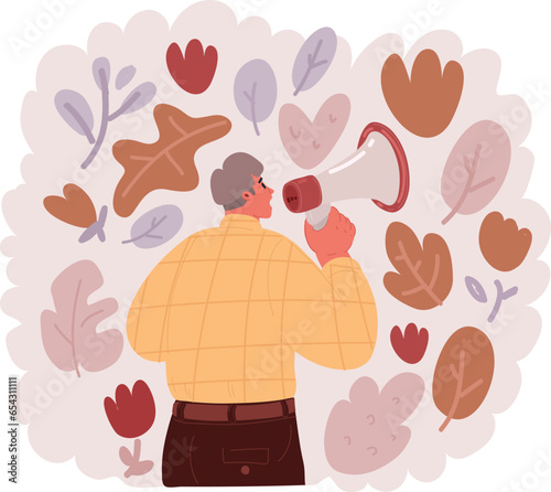Vector illustration of Union Activist Worker with Bullhorn Megaphone Loudspeaker Viewed from Rear View. Man with megaphone