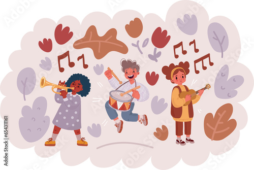 Vector illustration of Afro-American little girl with curly hair playing guitar. Funny little kids with guitar, trumpet and guitar, ukulele. School orchestra concept over dark background