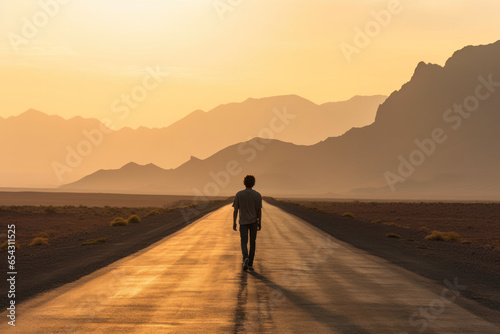 Silhouette of a man walking on the road in the desert photo