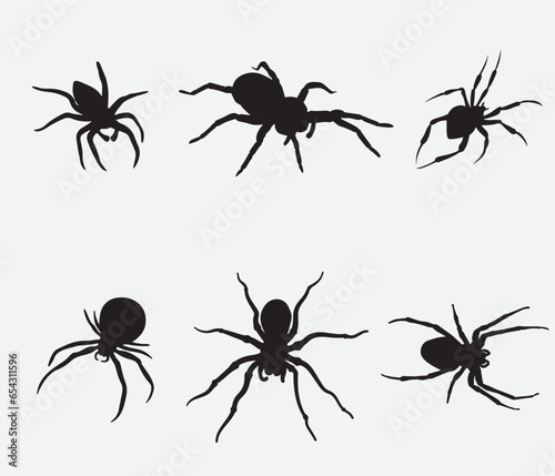 Set of black silhouette spider icon isolated on white background
