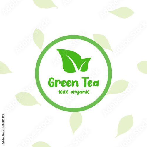 Green tea label, 100 % organic with leaves, graphic design for sticker, tag