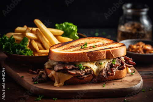 Grilled beef sandwich with cheese and mushrooms, served with potato chips. Generative AI.