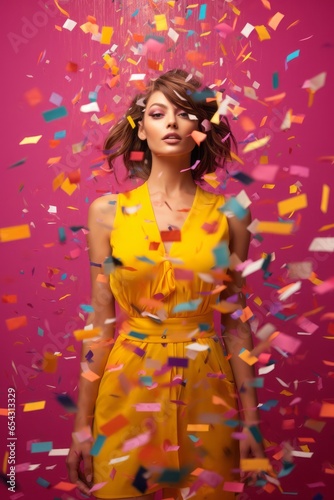 Beautiful happy woman with yellow dress at celebration party with colorful confetti falling everywhere on her.