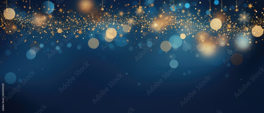 Abstract christmas illustration, gold wavy shapes and particles on blue background