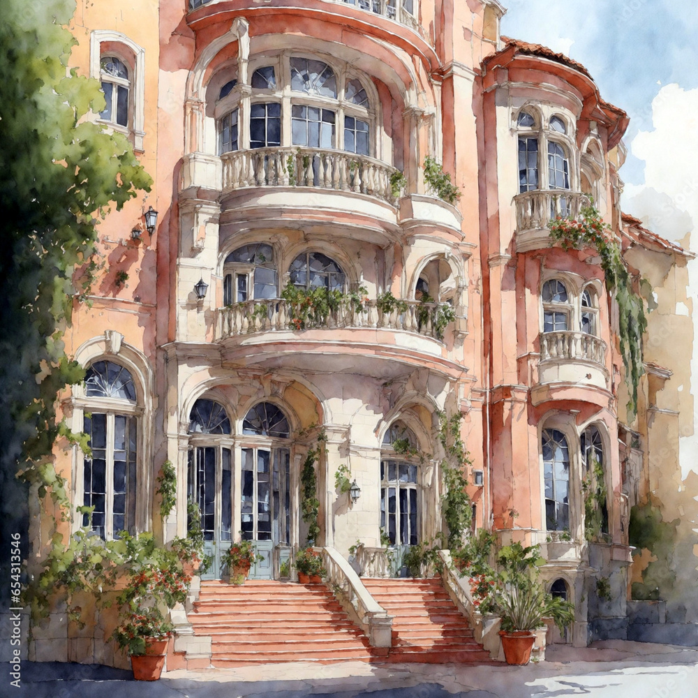 Architectural watercolor illustration, AI Generative illustration Architectural watercolor illustration, AI Generative illustration