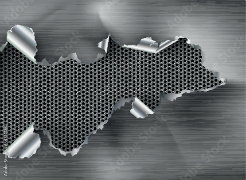 ragged Hole torn in ripped metal on steel background