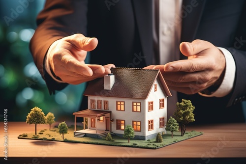 Accountant, businessman, real estate agent, Businessman handing model house to customers along with house interest calculation documents for customers to sign. Real estate accounting concepts..