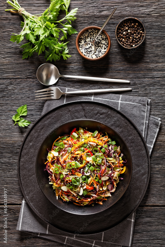 asian slaw, crunchy oriental cabbage salad in bowl asian slaw, crunchy oriental cabbage salad in bowl