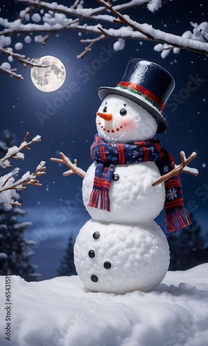 Snowman Wearing A Garland Scarf, Moonlit Night, Snowy Backdrop, Side View © Pixel Matrix