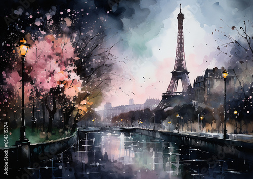 Parisian streets and parks, soft muted watercolors, romantic, beautiful background.