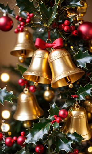Golden Bells And Holly On A Christmas Tree, Warm Indoor Lighting, Close-Up