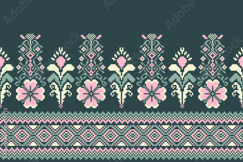 flower embroidery on green background. ikat and cross stitch geometric seamless pattern ethnic oriental traditional. Aztec style illustration design for carpet, wallpaper, clothing, wrapping, batik.