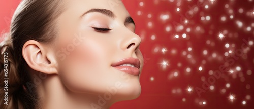 beauty portrait of a woman, red xmas background, ai generated