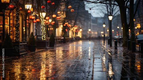 Winter calm street in the night  Christmas background
